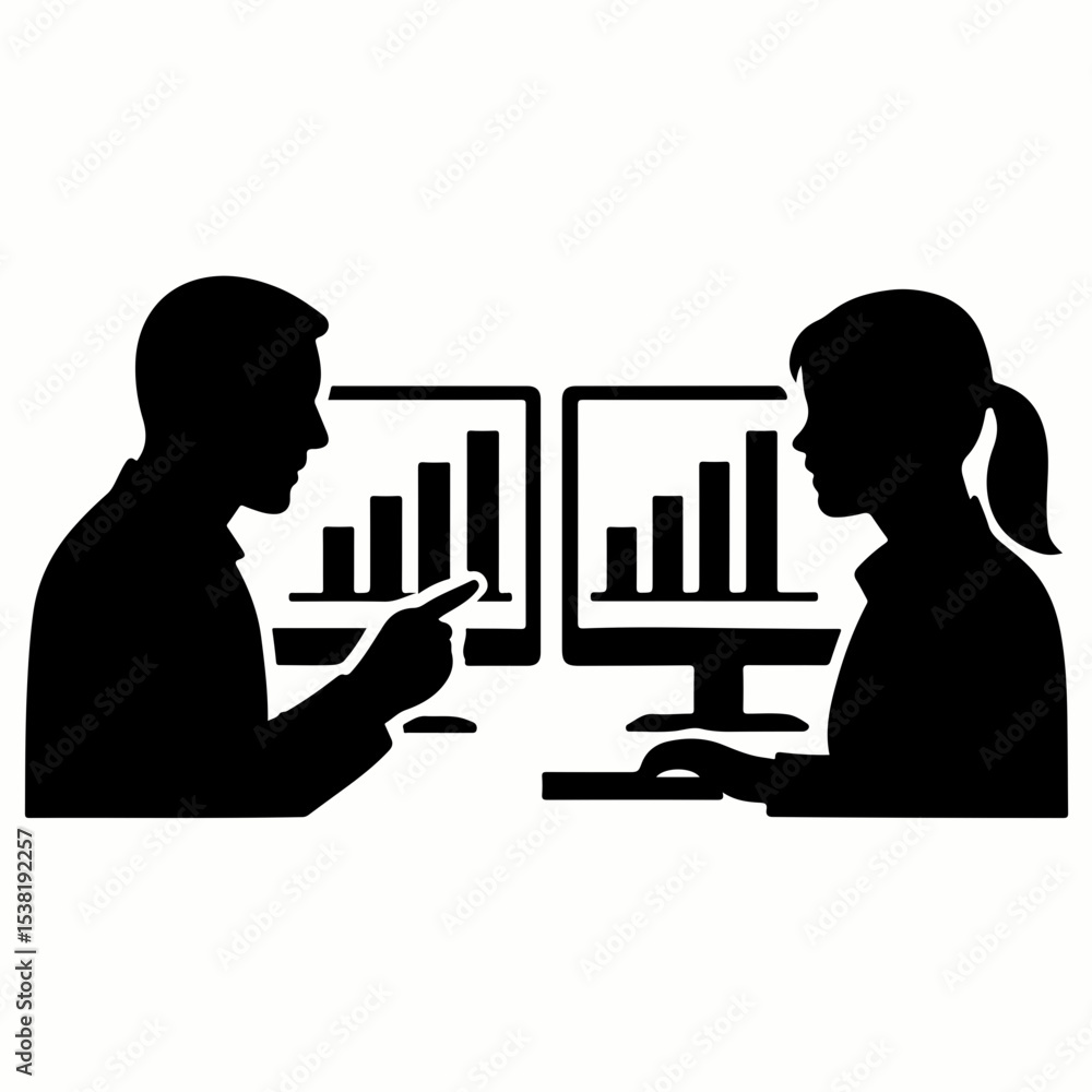 Poster business analysis and collaboration a silhouette depiction of two professionals reviewing data on co