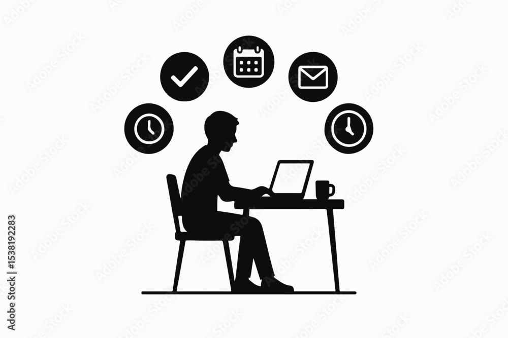 Poster silhouette of a person working at a desk with time management icons floating above representing prod