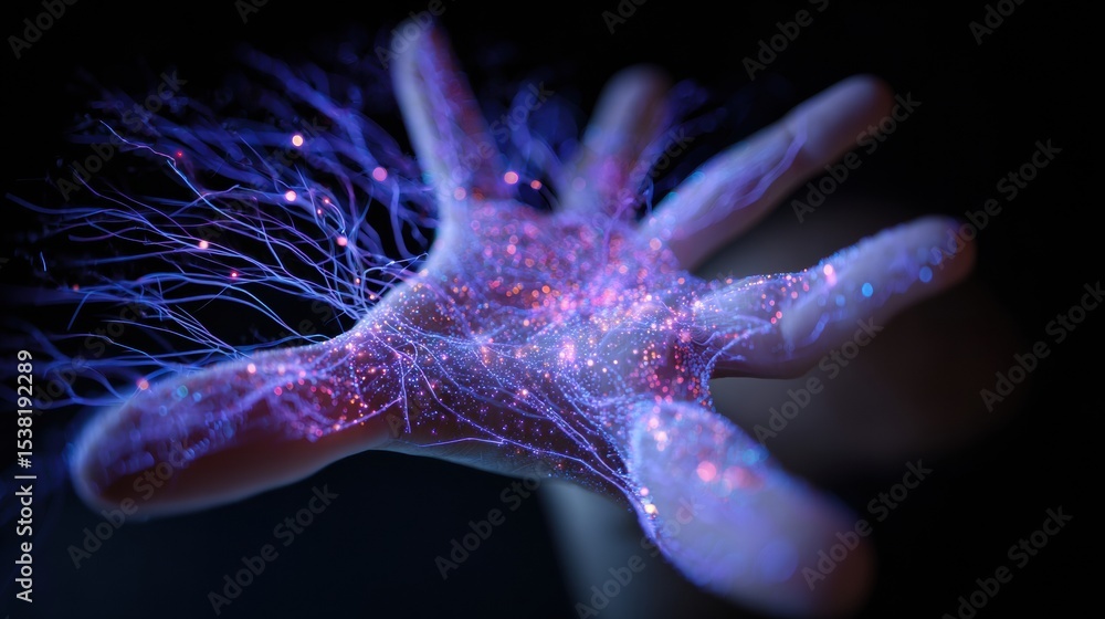 Poster Visual Representation of Touch-Sensitive Hand Illustrating Sensory Nerves and Neural Connections in a Dark Setting