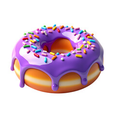 A doughnut with purple icing and colorful sprinkles on top view isolated on transparent background
