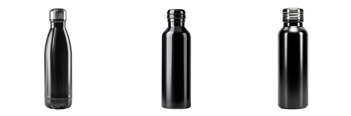 Set of different type black colour stainless steel bottle isolated on a transparent background