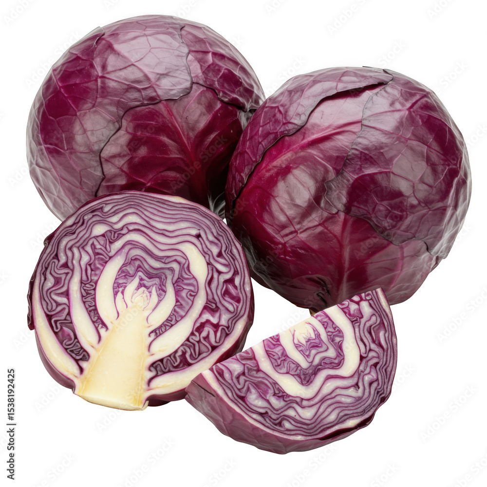 Poster fresh red cabbage halves and slices isolated on transparent background