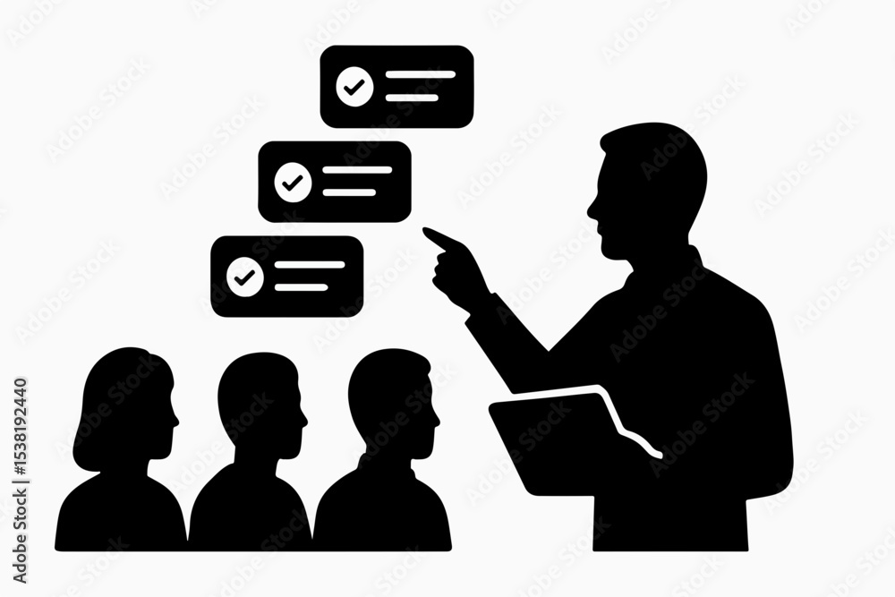 Poster presentation with checklist and audience silhouette a speaker points to completed tasks in front of 