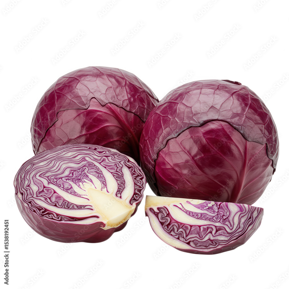Poster fresh red cabbage halves and slices isolated on transparent background