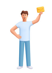 Young smiling man James holding a yellow envelope. Post, message delivery, e-mail, messenger and communication concept. 3d vector people character. Cartoon minimal style.