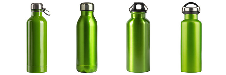 Set of different type green colour stainless steel bottle isolated on a transparent background