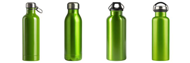 Set of different type green colour stainless steel bottle isolated on a transparent background