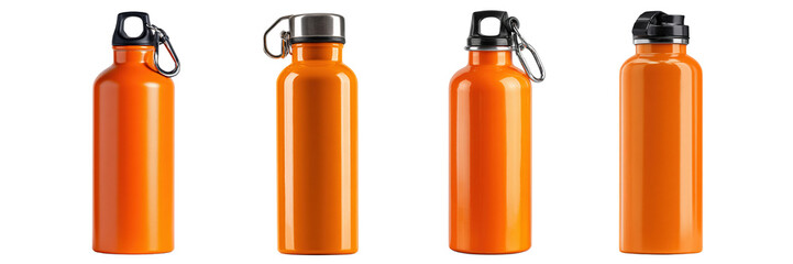 Set of different type orange colour stainless steel bottle isolated on a transparent background