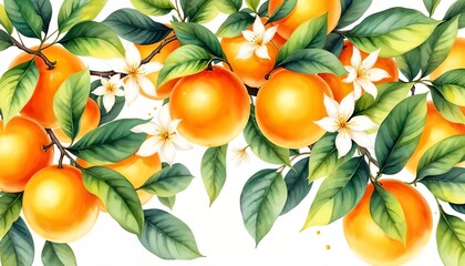 Orange Orchard Watercolor Delight: An illustration captures a vivid display of ripe oranges flourishing on their branches, adorned with delicate blossoms and vibrant leaves.