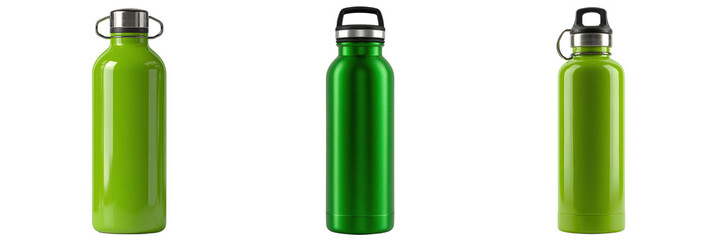 Set of different type green colour stainless steel bottle isolated on a transparent background