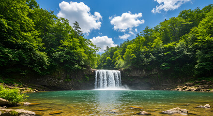 Obraz premium Serene Waterfall in Lush Green Forest Under Blue Sky