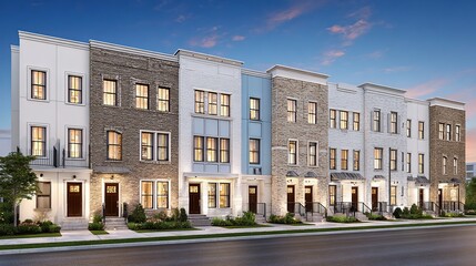 Row of townhomes at twilight, featuring light-toned exteriors, multiple windows, and landscaping
