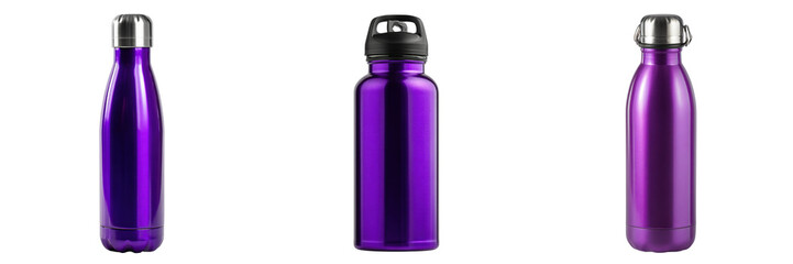 Set of different type purple colour stainless steel bottle isolated on a transparent background