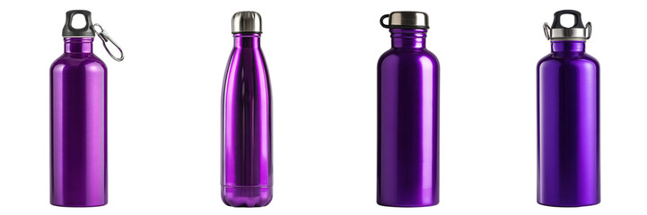 Set of different type purple colour stainless steel bottle isolated on a transparent background