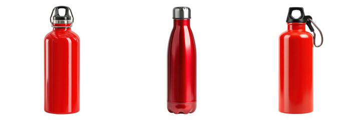 Set of different type red colour stainless steel bottle isolated on a transparent background