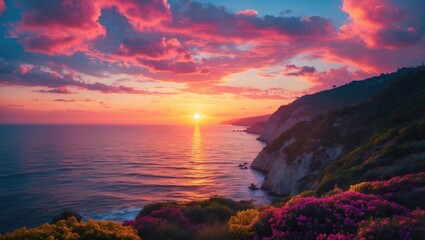 Fototapeta premium Sunset Over Coast Near cliffs with vibrant clouds and colorful flowers in the foreground. Scenic view of the ocean during sunset.