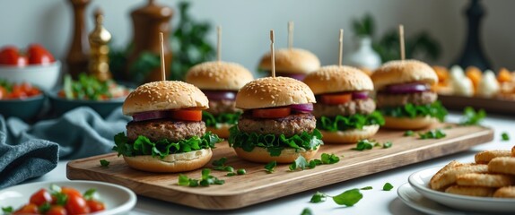 Vegetarian Mini Meat Burgers arranged on a wooden board, decorated for a catering banquet menu, surrounded by snacks and appetizers for buffet, with empty space for text.