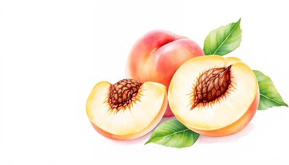 Peach Perfection: Two ripe peaches, one sliced open to reveal its juicy flesh, are elegantly presented alongside verdant leaves. Capturing the succulent appeal of summer's bounty. 