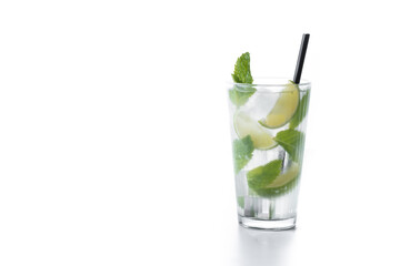 Classic Mojito Cocktail with Lime and Mint isolated on white background. Copy space