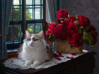  Beautiful tricolor cat with bouquet red roses