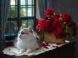  Beautiful tricolor cat with bouquet red roses