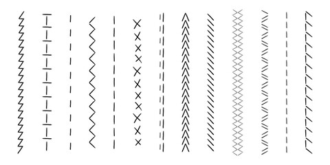 Sewing machine, embroidery border line zig zag hatch. Geometric fabric needlework, thread sew brushes, sewing seams. 