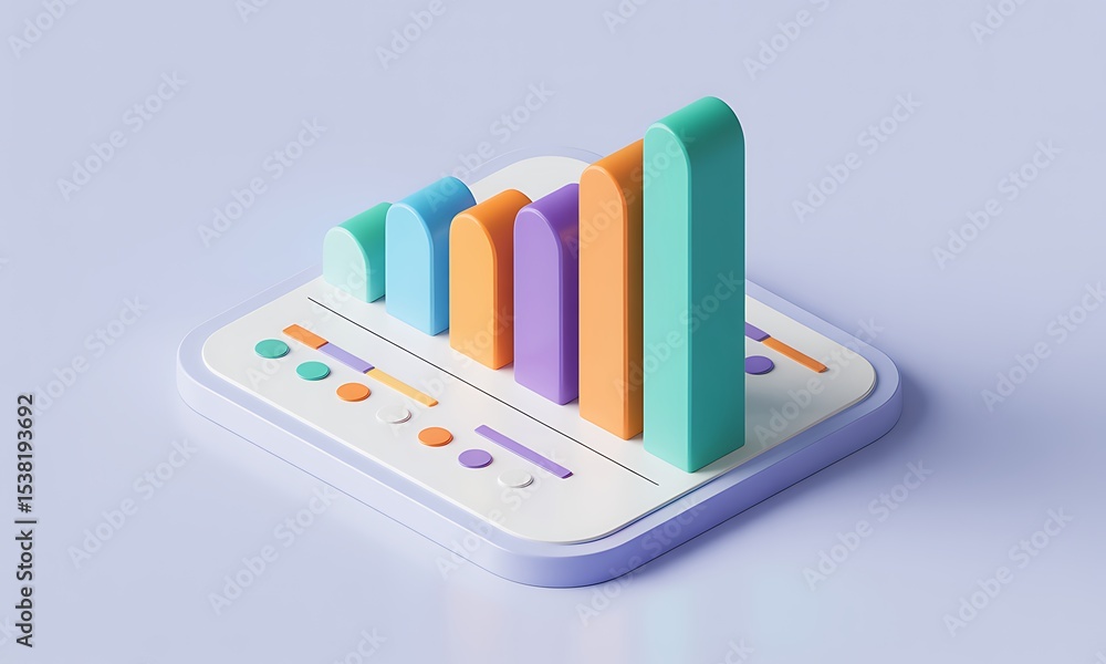 Poster isometric bar graph displaying progress, illustrating financial growth, in a conceptual setting, wit