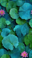 Vibrant Lotus Leaves and Pink Flowers Floating on Water