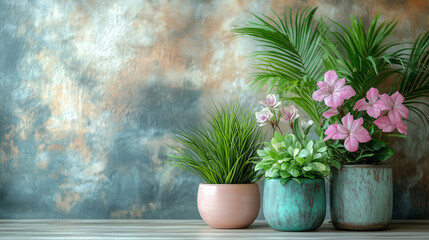 Composition of three pots with indoor plants and flowers against a textured wall.