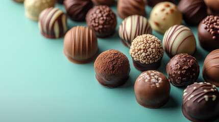 Group of assorted chocolate truffles framed by a mint background. Combination of dark, milk and white chocolate with original textures