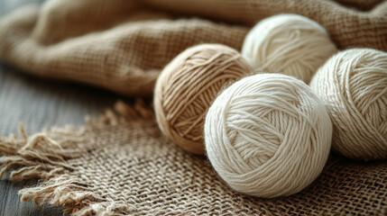A close-up of balls of wool yarn in natural colors against a rough fabric background. The composition conveys a sense of warmth