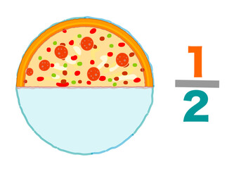 One half of the whole, Fraction pizzas, slices halves 1, 2. Half remaining. Pie chart ratio infographic. Mathematic worksheet. Vector illustration