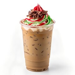 Iced coffee in plastic cup with festive whipped cream topping, chocolate chips, and colorful syrup on white background