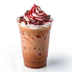 Iced coffee in plastic cup with festive whipped cream topping, chocolate chips, and colorful syrup on white background