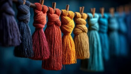 Vibrant yarn tassels hanging on a line creating colorful gradient textile art - Powered by Adobe