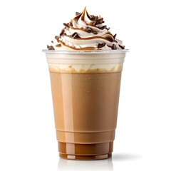 Iced coffee in plastic cup with festive whipped cream topping, chocolate chips, and colorful syrup on white background