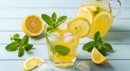 Fototapeta premium Refreshing Lemonade with Fresh Mint and Ice
