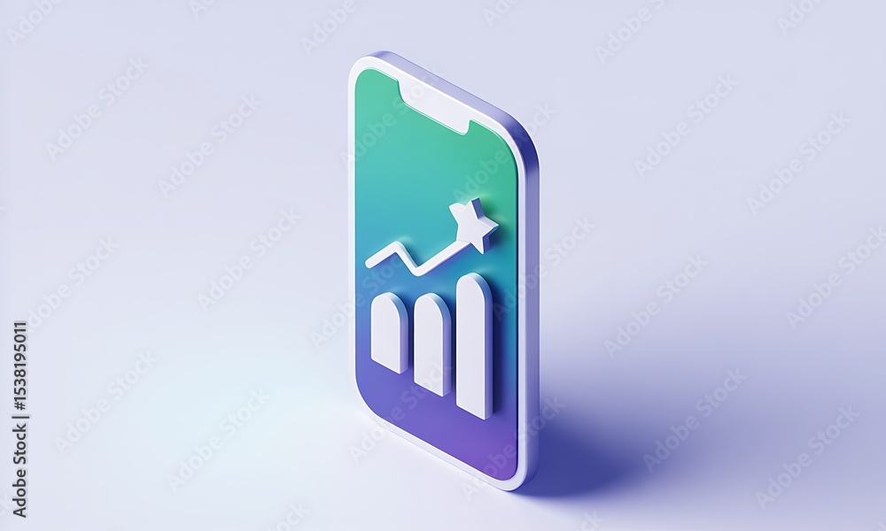 Poster mobile phone displays financial growth graph in studio setting, representing business success and in
