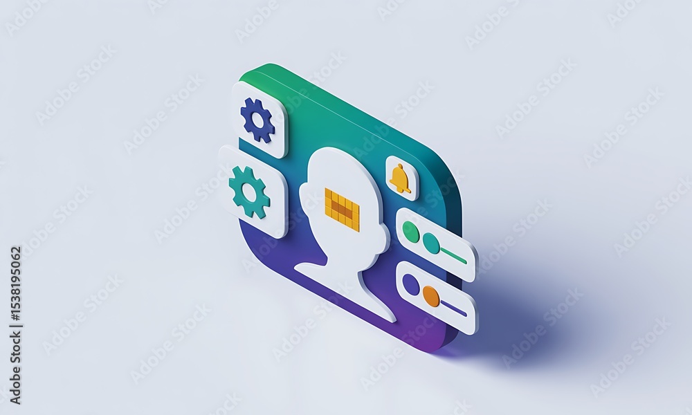 Poster ai avatar manages settings, illustrating technology interface with ui controls on gradient backgroun