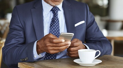 Man in suit using phone with coffee cup on table indoors.