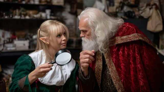 Blond elf with pointy ears looks through a magnifying glass. Then they exchange meaningful glances with an old wizard in a red robe and a white beard. Workshop full of magical items and furniture.