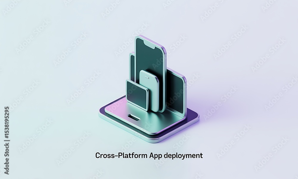 Poster various mobile devices showcase cross-platform app deployment in a modern studio setting, highlighti