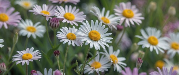 Obraz premium Daisy Fleabane flowers in a garden setting with white petals and yellow centers.