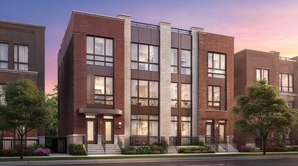 Four-story townhouses at dusk, brick facade, modern design