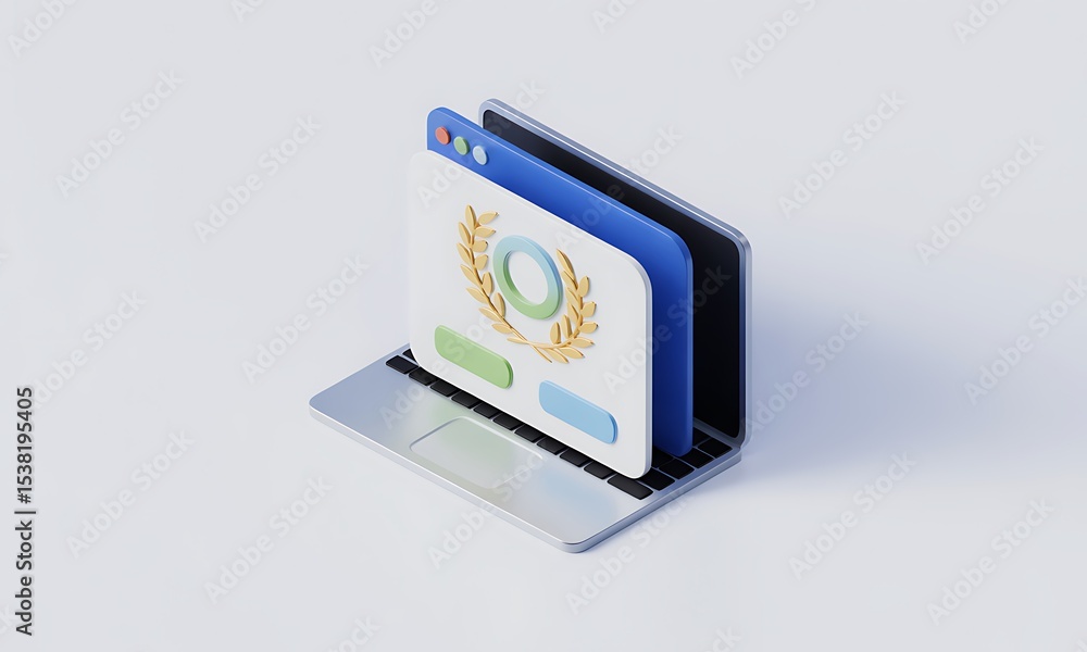 Poster laptop computer displays a web page in isometric view, showcasing digital achievement with a minimal