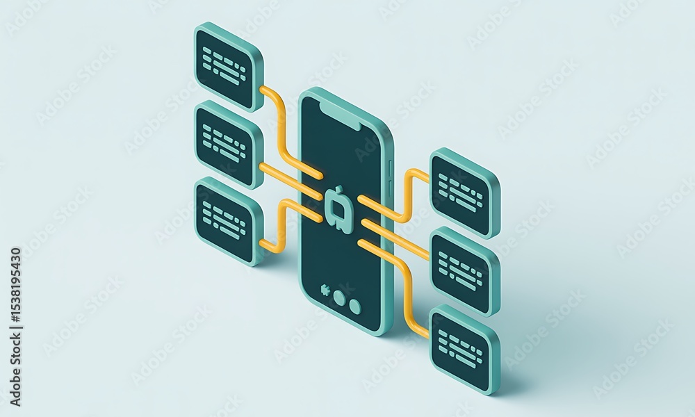 Poster smartphone connects to data sources, illustrating data flow in a modern tech setup, with copy space,
