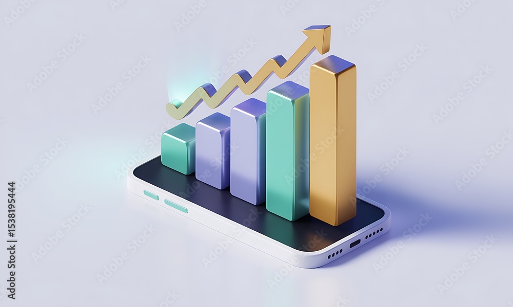 Poster bar graph growth on smartphone display symbolizes financial increase, representing a concept of busi