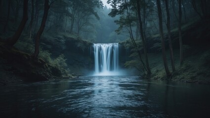 Beautiful Waterfall In A Deep Forest with Empty Copy Space For Text