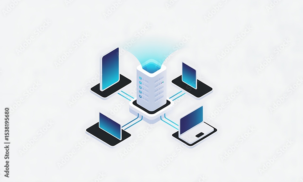 Poster server icon connects devices in an isometric illustration showing data transfer, on a clean backgrou