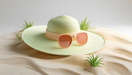 Realistic illustration of a sun hat and sunglasses on a sandy beach, Pastel tones,3D